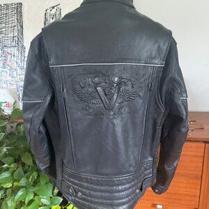 Victory Leather Moto Motorcycle Jacket Vented Black Gray piping Large